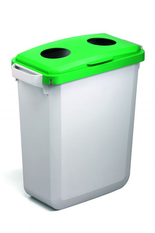 Rectangular frame with hinged lid with two circular holes for the disposal of bottles or cans. The lid is easy to attach to all DURABIN 60 bins with a clip-on hinge. Perfect for making recycling easy in the workplace or at home.
