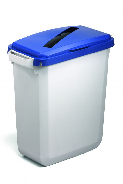 Rectangular frame with hinged lid with a slot cut-out for the disposal of paper or cardboard. The lid is easy to attach to all DURABIN 60 bins with a clip-on hinge. Perfect for making recycling easy in the workplace or at home.