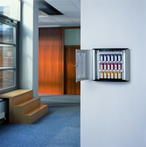 Manage keys securely and professionally with the key safe box from Durable. The wall-mounted key cabinet with key lock comes with 6 coloured key clips, mounting kit and inscribable index sheet.SAFE AND SECURE: Keys are kept safely and securely locked away yet easily accessible with the Durable key safe cabinet. Keys are provided with the box for complete control.CLEAR DESIGN: Thanks to the innovative design, the key clip plates are permanently visible, so keys are quickly and easily accessible. Aluminium construction in a subtle silver colour fits in effortlessly in the home or office.WALL MOUNTABLE: The large key safe cabinet can be wall mounted and includes a mounting kit for easy installation. Six coloured key clip keyrings are also included in delivery.HEIGHT-ADJUSTABLE HANGERS: Store and arrange house, car or spare keys according to your needs thanks to the key hanger strips with height-variable plugs.INSCRIBABLE: An EDP inscribable index sheet for a table of contents is included for clear key storage and organisation.