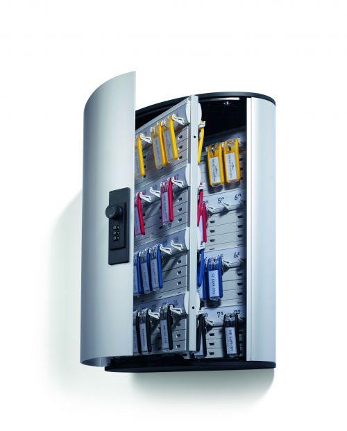 Manage keys securely and professionally with the key safe box from Durable. The wall-mounted key cabinet with combination lock comes with 6 coloured key clips, key drop off slot at the top, mounting kit and inscribable index sheet.SAFE AND SECURE: Keys are kept safely and securely locked away yet easily accessible with the Durable key safe cabinet. Includes safe and secure key lock with keys provided.CLEAR DESIGN: Thanks to the innovative design, the key clip plates are permanently visible, so keys are quickly and easily accessible. Aluminium construction in a subtle silver colour fits in effortlessly in the home or office.WALL MOUNTABLE: The large key safe cabinet can be wall mounted and includes a mounting Kit for easy installation. Six coloured key clip keyrings are also included in delivery.HEIGHT-ADJUSTABLE HANGERS: Store and arrange house, car or spare keys according to your needs thanks to the key hanger strips with height-variable plugs.INSCRIBABLE: An EDP inscribable index sheet for a table of contents is included for clear key storage and organisation.