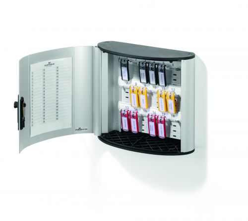 Manage keys securely and professionally with the key safe box from Durable. The wall-mounted key cabinet with combination lock comes with 6 coloured key clips, key drop off slot at the top, mounting kit and inscribable index sheet.SAFE AND SECURE: Keys are kept safely and securely locked away yet easily accessible with the Durable key safe cabinet. Includes safe and secure key lock with keys provided.CLEAR DESIGN: Thanks to the innovative design, the key clip plates are permanently visible, so keys are quickly and easily accessible. Aluminium construction in a subtle silver colour fits in effortlessly in the home or office.WALL MOUNTABLE: The large key safe cabinet can be wall mounted and includes a mounting kit for easy installation. Six coloured key clip keyrings are also included in delivery.HEIGHT-ADJUSTABLE HANGERS: Store and arrange house, car or spare keys according to your needs thanks to the key hanger strips with height-variable plugs.INSCRIBABLE: An EDP inscribable index sheet for a table of contents is included for clear key storage and organisation.