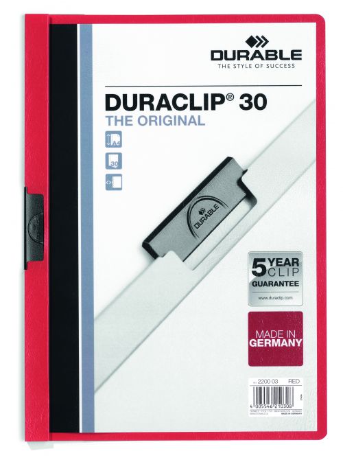 Durable Duraclip 30 Report File 3mm A4 Red (Pack 25) 220003