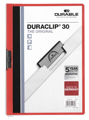 Durable DURACLIP 30 A4 Document Clip Folder Red (Pack 25) - 220003