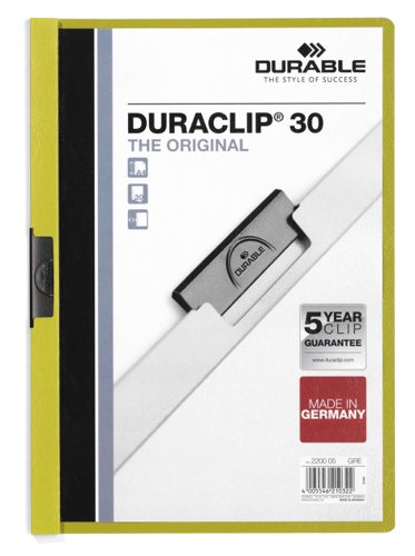 Durable DURACLIP 30 Sheet Document Metal Clip File Folder - 25 Pack - A4 Green