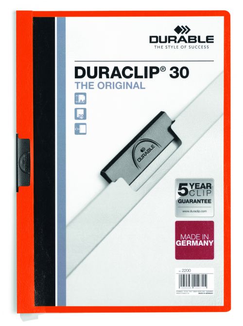 The original DURACLIP® file made of PVC plastic with a special sprung steel clip. Ideal for presentations, filing, quotations, conference / seminar notes and reports. The DURACLIP® 30 folder has a capacity of 30 A4 sheets, a transparent front cover and coloured back and spine. The folder is easy to use: Simply pull out the clip, insert the documents and push back the clip - simple! The unique sprung steel clip adjusts itself to the number of sheets - time after time.
