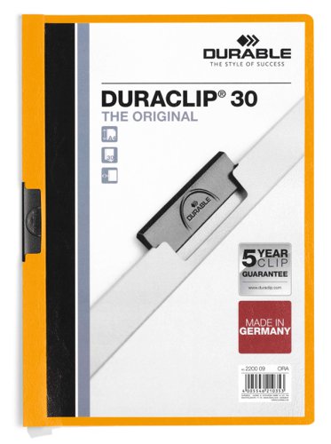 Durable DURACLIP 30 Sheet Document Metal Clip File Folder - 25 Pack - A4 Orange