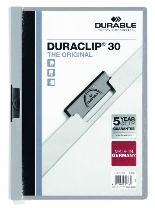 The original DURACLIP® file made of PVC plastic with a special sprung steel clip. Ideal for presentations, filing, quotations, conference / seminar notes and reports. The DURACLIP® 30 folder has a capacity of 30 A4 sheets, a transparent front cover and coloured back and spine. The folder is easy to use: Simply pull out the clip, insert the documents and push back the clip - simple! The unique sprung steel clip adjusts itself to the number of sheets - time after time.