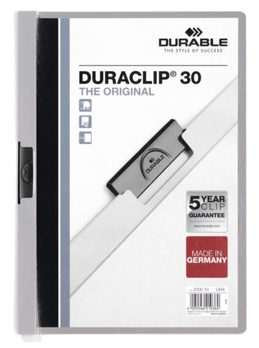 Durable DURACLIP 30 Sheet Document Metal Clip File Folder - 25 Pack - A4 Grey