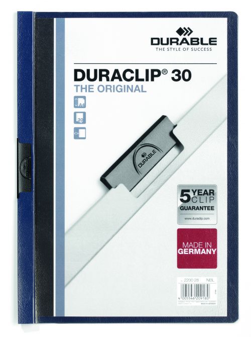 Durable Duraclip Folder PVC Clear Front 3mm Spine for 30 Sheets A4 Midnight Blue Ref 2200/28 [Pack 25]