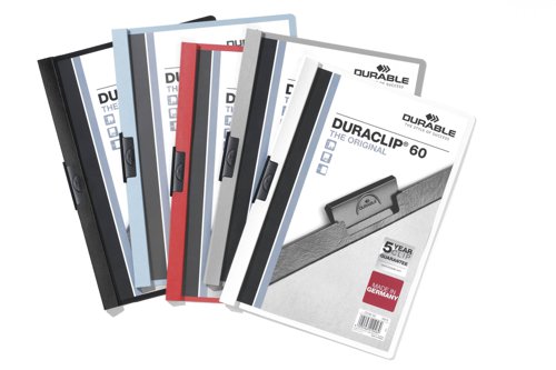 The original DURACLIP file made of PVC plastic with a special sprung steel clip. Ideal for presentations, filing, quotations, conference/seminar notes and reports. The DURACLIP 60 folder has a capacity of 60 A4 sheets, a transparent front cover and coloured back and spine. Simply pull out the clip, insert the documents and push back the clip. The unique sprung steel clip adjusts itself to the number of sheets. Pack of 25 in assorted colours.
