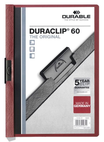 Durable DURACLIP 60 Sheet Document Clip File Folder - 25 Pack - A4 Dark Red