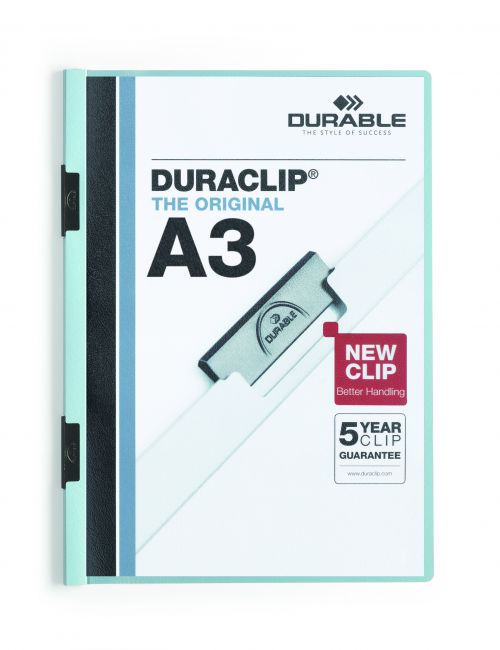 The original DURACLIP® folder now available in A3. DURACLIP® is the ideal presentation folder for unpunched papers and features a transparent non-glare front cover and opaque coloured back and spine. Simply pull out the clip, insert the papers and push in the clip - easy! DURACLIP® comes with a 5 year clip guarantee.