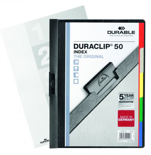 The original DURACLIP® file made of PVC plastic with a special sprung steel clip. Ideal for presentations, filing, quotations, conference / seminar notes and reports. The DURACLIP® 30 folder has a capacity of 30 A5 sheets, a transparent front cover and coloured back and spine. The folder is easy to use: Simply pull out the clip, insert the documents and push back the clip - simple! The unique sprung steel clip adjusts itself to the number of sheets - time after time.