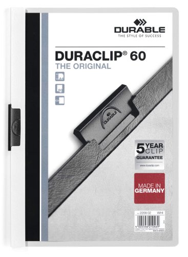 Durable DURACLIP 60 Sheet Document Metal Clip File Folder - 5 Pack - A4 White