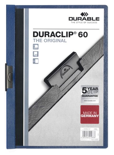 Durable DURACLIP 60 Sheet Document Metal Clip File Folder - 5 Pack - A4 Blue