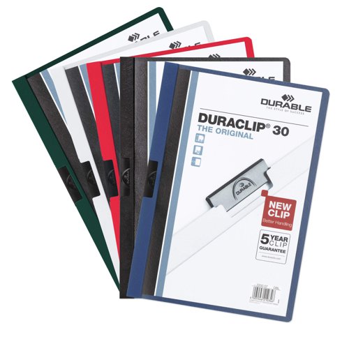 The clip folder with style DURAQUICK® comes with a new clip design for smoother operation. It is ideal for protecting, organising and presenting un-punched documents. The design features a transparent anti-glare, anti-tear front cover and sturdy elastic clip made of hard wearing plastic.No punching necessary