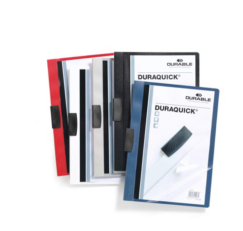 The clip folder with style DURAQUICK® comes with a new clip design for smoother operation. It is ideal for protecting, organising and presenting un-punched documents. The design features a transparent anti-glare, anti-tear front cover and sturdy elastic clip made of hard wearing plastic.No punching necessary