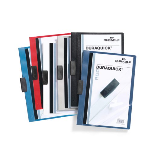 The clip folder with style DURAQUICK® comes with a new clip design for smoother operation. It is ideal for protecting, organising and presenting un-punched documents. The design features a transparent anti-glare, anti-tear front cover and sturdy elastic clip made of hard wearing plastic.No punching necessary