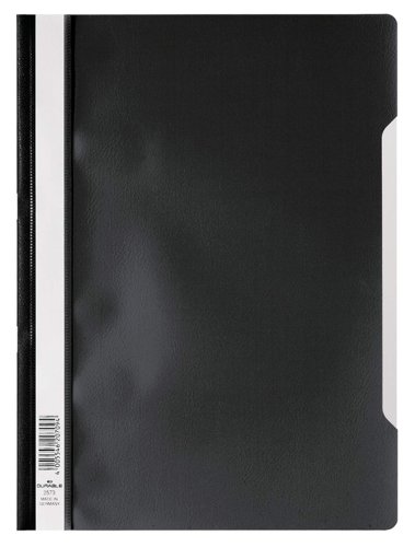 13523DR | Clear view document folders from DURABLE are a versatile choice for anything from reports and quotations to notes and document storage. Choose from a wide range of contemporary colours and labelling options.Clear view folder with transparent front cover and coloured back cover. Folder can store punched sheets thanks to filing mechanism. A cut-out in the cover facilitates each page turning. Files can be clearly identified via full-length label holder on the left hand side of the folder. For documents in A4 format.
