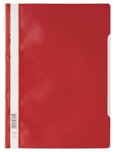 13523DR | Clear view document folders from DURABLE are a versatile choice for anything from reports and quotations to notes and document storage. Choose from a wide range of contemporary colours and labelling options.Clear view folder with transparent front cover and coloured back cover. Folder can store punched sheets thanks to filing mechanism. A cut-out in the cover facilitates each page turning. Files can be clearly identified via full-length label holder on the left hand side of the folder. For documents in A4 format.