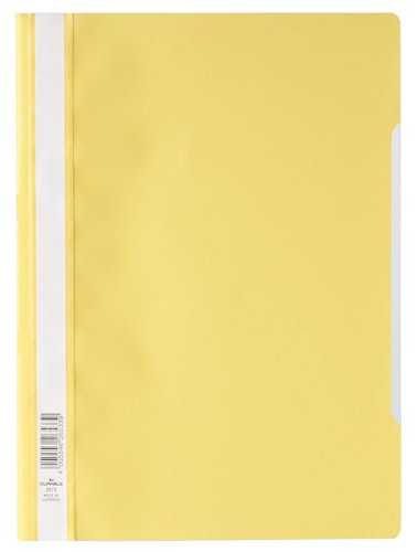 Clear view document folders from DURABLE are a versatile choice for anything from reports and quotations to notes and document storage. Choose from a wide range of contemporary colours and labelling options.Clear view folder with transparent front cover and coloured back cover. Folder can store punched sheets thanks to filing mechanism. A cut-out in the cover facilitates each page turning. Files can be clearly identified via full-length label holder on the left hand side of the folder. For documents in A4 format.