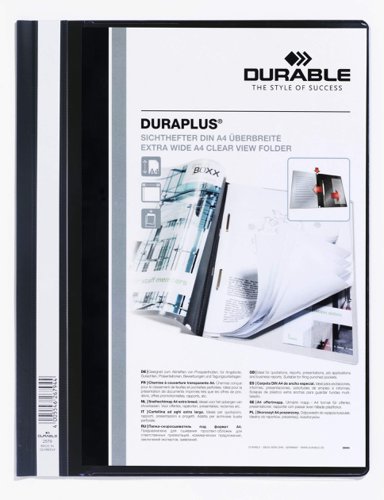 Durable DURAPLUS Presentation Folder Transparent Cover & Inside Pocket for Documents Extra Wide Format  A4 Black (Pack 25) - 257901