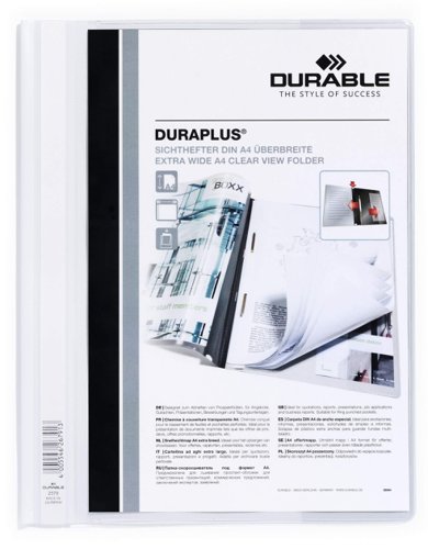 Durable DURAPLUS Presentation Folder Transparent Cover & Inside Pocket for Documents Extra Wide Format A4 White (Pack 25) - 257902