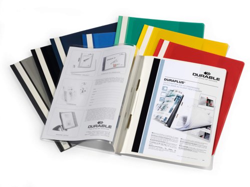 Versatile and inexpensive, DURAPLUS® is a great alternative to printed folders. Featuring a clear view front pocket and full length labelling strip for easy organisation. The folder contains a clear inside pocket for unpunched documents and can be filed in lever arch files and ring binders with a filing strip (product # 2996).Includes an insert channel for suspension rails (product #1531) and a labelling window for easy organisation. Environmentally friendly in accordance with ISO 14021: 100% recyclableExtra wide A4 format suitable for punched pocketsDimensions: 244 x 310 mm (W x H)
