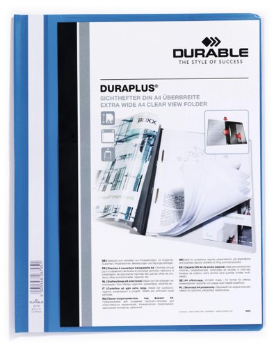 Durable DURAPLUS Presentation Folder Transparent Cover & Inside Pocket for Documents Extra Wide Format A4 Blue (Pack 25) - 257906
