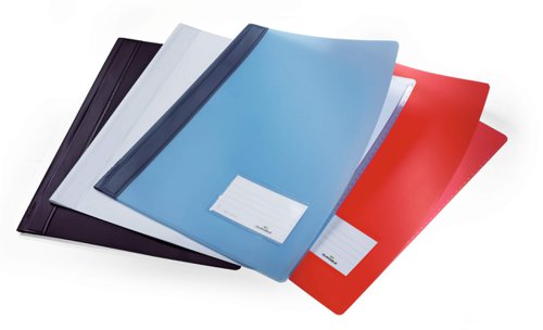 Professional DURALUX folder with translucent coloured covers and a transparent inner pocket for storing unpunched files. The plastic-coated stapling mechanism with end caps makes inserting documents a breeze and keeps them secure.Includes an insert channel for suspension rails (product #1531) and a labelling window for easy organisation. Environmentally friendly in accordance with ISO 14021: 100% recyclableDimensions: 280 x 330 mm (W x H)Extra wide A4 format suitable for punched pockets
