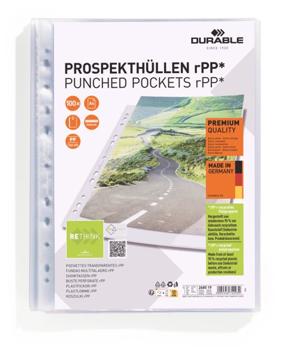 Durable Recycled Punched Pocket PREMIUM Sleeve Wallets - 100 Pack - A4 Clear