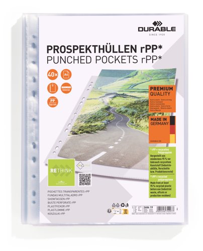 Durable Recycled Punched Pocket PREMIUM Sleeve Wallets - 40 Pack - A4 Clear