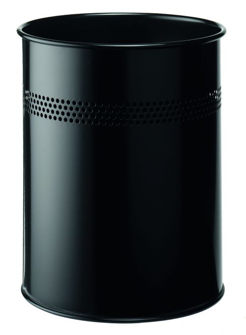 Durable Metal Waste Bin 15 litre with Perforated Ring Black Pack of 1