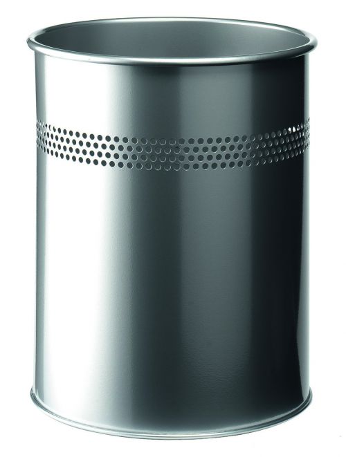 11825DR | Round metal 15 litre waste basket in silver with 30mm perforated ring for stylish design. The bin is made of steel with a scratch resistant epoxy polyester coating. Perfect for the office or home office thanks to its simply finish. Dimensions: 315 x 260mm.