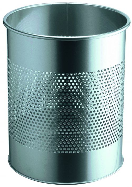 Durable Metal Waste Bin 15 Litre with Perforated Ring Silver Pack of 1
