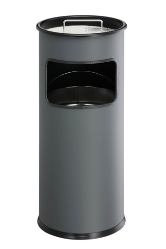 Durable Round Metal Waste Bin with Integrated Sand Ashtray 17L Charcoal Grey