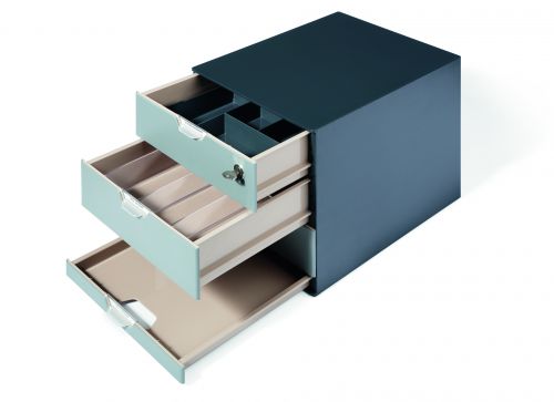 The COFFEE POINT Box offers spacious, flexible and user-friendly storage and organisation of common catering supplies such as coffee pods, tea bags, sugar sachets and much more. Ideal for use in meeting rooms, reception and break-out areas. The modular set includes: 1 x COFFEE POINT Box - 1 x COFFEE POINT CASE and 1 x COFFEE POINT CADDY. Each item fits perfectly within the XL deep drawer compartments and the top drawer also features a cylinder lock. The drawer unit is made of premium quality plastic and includes rubber feet on the base not only to provide stability but to also offer protection to the surface below. Dimensions: 280 x 292 x 356mm (WxHxD).