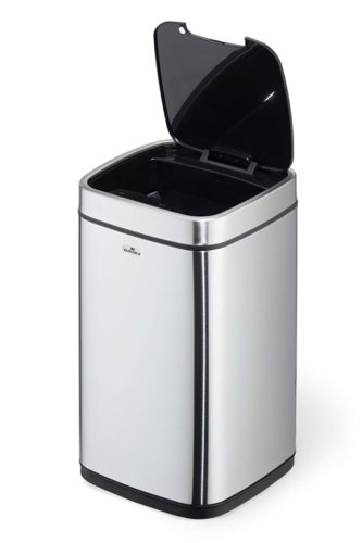 The Durable Sensor 12 litre waste bin is made from stainless steel with a fingerprint proof coating perfect for any workplace or home environment. The bin opens and closes automatically thanks to sensor technology for contact-free waste disposal. The bin can also be operated manually if required via buttons on the lid. This bin also comes with a removable inner container with carry handle for easy cleaning and disposing of waste. A waste bag can be fixed using the fixing ring to keep it securely in place. It also has a non-slip base and square shape for space-saving placement. Requires 4AA or AAA batteries (Not included).