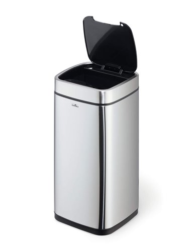 Durable waste bin with sensor for contactless operation. Opens by a motion sensor and closes automatically, alternatively the bin can be used manually via open or close buttons on the top of the waste basket. Removable inner bin with handle and bag fixing. Removable lid for easy emptying and also has a soft-close function to provide durability. The bin has a non-slip base and the stylish and compact design enables space-saving within the workplace or home environment. Includes a carry handle at the back of the waste bin to help move and empty the inner bin. Outer body is made of stainless steel with fingerprint-proof coating. Capacity: 21 litresRequires 4 AA batteries (not included)