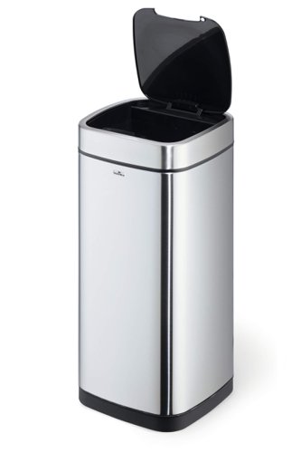 The Durable Sensor 35 litre waste bin is made from stainless steel with a fingerprint proof coating perfect for any workplace or home environment. The bin opens and closes automatically thanks to sensor technology for contact-free waste disposal. The bin can also be operated manually if required via buttons on the lid. This bin also comes with a removable inner container with carry handle for easy cleaning and disposing of waste. A waste bag can be fixed using the fixing ring to keep it securely in place. It also has a non-slip base and square shape for space-saving placement. Requires 4AA or AAA batteries (Not included).