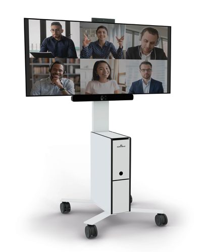 Flexible media trolley for video conferences and presentations in the workplace.Present, connect and communicate on a wider screen with the NEW COWORKSTATION by DURABLE. Built with all safety & mobility in mind, hide mouse and keyboard, store your laptop and organise cables in this all-in-one presenter, perfect for meeting rooms, break out areas and offices. Flexible, safe in movement and stable in use thanks to the 75 mm wheels with brake function. High-quality glued CDF body offers several openings for cable management and heat dissipation. Upper compartment offers space for small utensils, such as remote control, mouse, keyboard, cables etc. Cable outlets are located on the profile at the back for the power connection, on the side for the laptop connection, and at the bottom at the front for charging cables. Screen can be pushed directly to the edge of the table, the body disappears under the table. Height of the body from the floor is 59cm. Universal VESA mount for standards 75x75 to 200x200. Permitted monitor size and weight: 19-43in (48x109cm), up to 18 kg. Total load capacity: 25 kg.