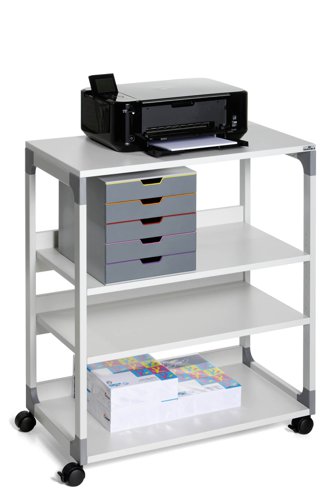 High quality, four-level multi-function/printer trolley. Designed with strong metal powder coated frame with glass enforced plastic corners. The top and bottom shelves are made from 19 mm thick, melamine covered hardboard. Perfect for holding printers and other similar electrical office appliances. Maximum weight per shelf - 30kg. Overall dimensions: 879 x 750 x 432 mm (H x W x D).