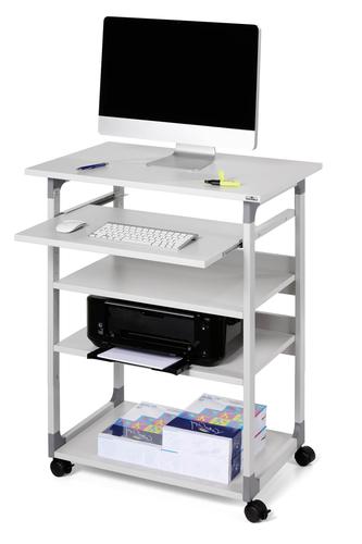 Mobile computer table with four shelves specifically designed for busy working areas where quick access to the computer equipment is essential. Versatile design with height adjustment of the monitor shelf 960-1240 mm in steps of 20 mm, keyboard shelf up to 1090 mm in steps of 30 mm and the middle shelf allows for the unit to be used whilst sitting or standing allowing for personal preference.