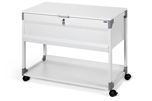 Lockable file trolley for approximately 100 suspension files, 10 standard suspended lever arch files (80 mm) or 18 small suspended lever arch files (40 mm). Suitable for all sizes like A4, folio or foolscap. The lockable suspension file compartment can be securely closed to protect sensitive documents. The lock is supplied with 2 keys. When opened the lid stays at a 90 degrees angle for easy access. Total dimension: 736 x 897 x 432 mm (H x W x D).