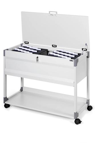 Lockable file trolley for approximately 100 suspension files, 10 standard suspended lever arch files (80 mm) or 18 small suspended lever arch files (40 mm). Suitable for all sizes like A4, folio or foolscap. The lockable suspension file compartment can be securely closed to protect sensitive documents. The lock is supplied with 2 keys. When opened the lid stays at a 90 degrees angle for easy access. Total dimension: 736 x 897 x 432 mm (H x W x D).