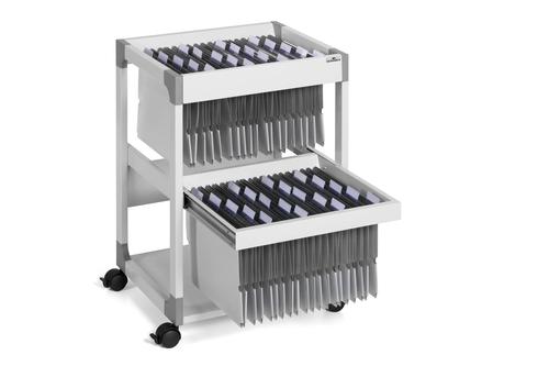 File trolley on two levels for storing approximately 80 A4 suspension files, up to 8 standard suspended lever arch files (80 mm) or 16 small suspended lever arch files (40 mm). Suitable for all sizes such as A4, folio or foolscap. Total dimension: 715 x 487 x 432 mm (H x W x D).
