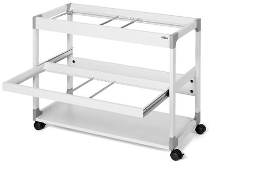 File trolley on two levels for storing approximately 200 A4 suspension files, up to 10 standard suspended lever arch files (80 mm) or 18 small suspended lever arch files (40 mm). Suitable for all sizes such as A4, folio or foolscap. Total dimension: 715 x 897 x 432 mm (H x W x D).
