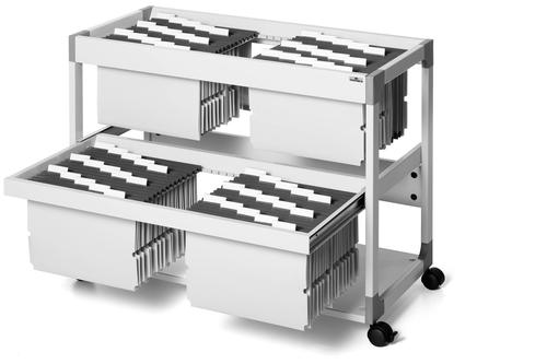 File trolley on two levels for storing approximately 200 A4 suspension files, up to 10 standard suspended lever arch files (80 mm) or 18 small suspended lever arch files (40 mm). Suitable for all sizes such as A4, folio or foolscap. Total dimension: 715 x 897 x 432 mm (H x W x D).