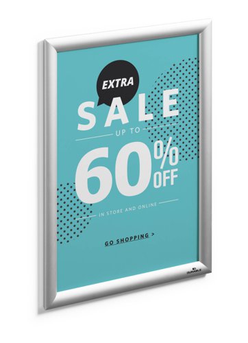 With a display area of A3, this Durable wall mounted frame is ideal for the display of posters, signs and information. Featuring mitred corners, the frame is made from lightweight aluminium and can be mounted either horizontally or vertically. Content change is simple, with the easy frame opening and the polystyrene back panel keeps the contents secure. Complete with fixings, this pack contains one silver coloured frame.