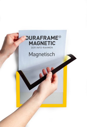 The magnetic info frame DURAFRAME® MAGNETIC is the ideal solution for displaying documents and notices on metal surfaces. The inserts can be quickly exchanged simply by lifting the magnetic frame away from the surface. Perfect for displaying information such as health and safety information and machinery maintenance checks in warehouse and production areas or on whiteboards around the office.